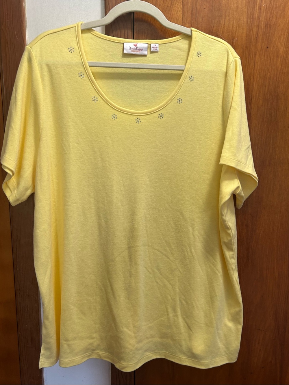 Quacker Factory Pale Yellow Rhinestone Floral Scoop top